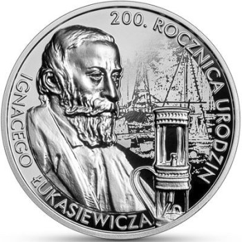 Rewers monety 10-złotowej z 2022 roku dedykowanej Ignacemu Łukasiewiczowi